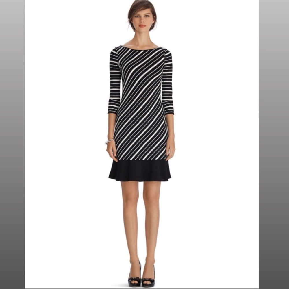 3/4 SLEEVE STRIPE FLOUNCE CHEMISE DRESS